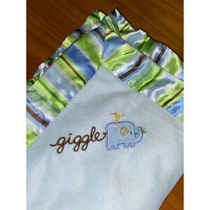Just One Year Carter's Blue Giggle Elephant Satin Trim Crib Baby Blanket 30 x 39